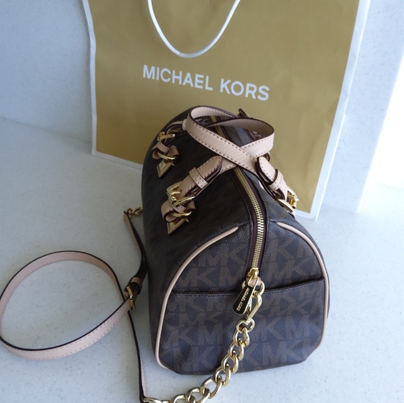 MICHAEL KORS GRAYSON HANDBAG WITH LONG STRAP BROWN LARGE LOGO - Picture 2 of 4